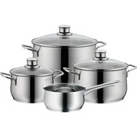 WMF Topf-Set Diadem Plus Topf-Set, 4-teilig, (Set, 4-teilig: 3 Fleischtöpfe mit Glasdeckel, 1 Stielkasserolle), Cromargan Edelstahl, Glasdeckel, Schüttrand, TransTherm-Boden