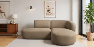 Ecksofa Designersofa BABETTE in Stoff Lins Hellbraun Ottomane Rechts
