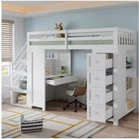 Flieks Hochbett Kinderbett 90x200cm mit Schreibtisch Schubladenschrank Stauraumtreppe