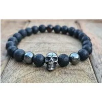 NAHLE Armband Lavastein Hämatit Totenkopf Armband, Stretch Band dehnbar, Edelstahl Anhänger