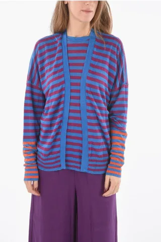 Gestreifte Strickjacke aus Flachs mit offener Vorderseite in Mehrfarbig