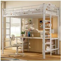 Merax Etagenbett, mit Schreibtisch und 3 Bücherregalen, Eisenbett Hochbett 90x200cm