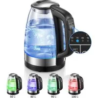 FOHERE Wasserkocher mit Temperaturregelung von 50 bis 100 °C, BPA-frei, 1.7 l, 2200 W, aus lebensmittelechtem Borosilikatglas und Edelstahl