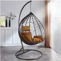 RAMROXX Hängesessel Hängesessel Miami XL Polyrattan mit Korb Gestell Kissen Hellbraun