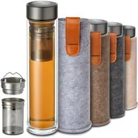 Cosumy Isolierflasche Teeflasche mit Sieb to Go 500ml - Doppelwandiges Glas mit Filztasche, Mit Hellgrauem Filz 500 ml - Glas Trinkflasche & Thermoskanne 0,5 l
