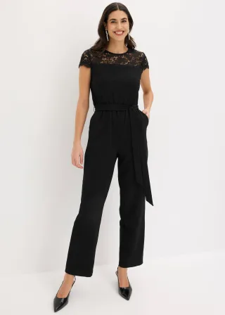 bonprix Overall aus feinem Jersey mit Spitze, schwarz, Gr.44/46 (L), Modern und feminin: Overall aus feinem Jersey mit Spitze im Oberteil und Bindeband an der Taille
