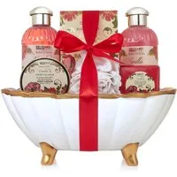 BRUBAKER Pflege-Geschenkset Dusch- und Badeset - Peony Vanilla Pflegeset mit Pfingstrose & Vanille Duft, 7-tlg., Frauen Geschenkset in Deko Badewanne