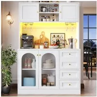 Celya Küchenbuffet Buffetschrank Landhausstil 120x40x188 cm mit LED-Lichtleiste (4 Türen, 3 Schubladen, Eingebaute Kippsicherung)