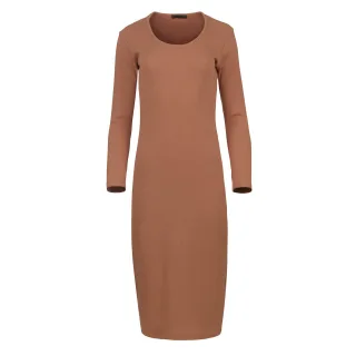 Langärmliges Midikleid mit Rundhalsausschnitt aus gerippter Baumwoll-Elastan-Mischung in Schokoladenbraun