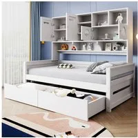 Flieks Massivholzbett, Einzelbett Kinderbett 90x200cm mit Staufächer und 2 Schubladen