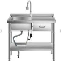 GarveeMore Waschbecken 304 Edelstahl-Spülenblock mit Schublade, 100 × 50 × 95 cm, Silber, 1 Becken & 1 Abtropffläche, ausziehbare Brause (Mitte)