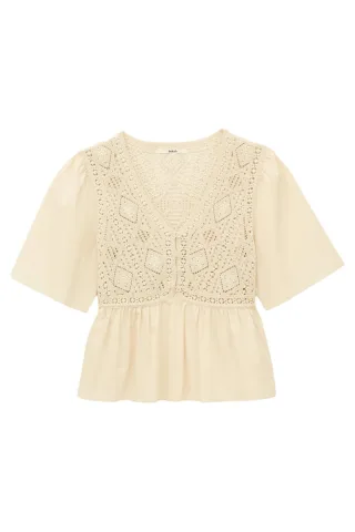 ba&sh - Kurzarmbluse mit Stickerei beige - Gr. - 2