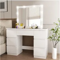 oyajia Schminktisch Kosmetiktisch mit Spiegel und LED-Beleuchtung, 7 Schubladen (Weiß Frisierkommode Kosmetiktisch Hollywood mit LED-Beleuchtung), 2 AC Steckdose, 1 USB-Anschluss, 1 Type-C Anschluss