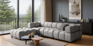Sofa Designersofa FLOW 3-Sitzer inkl. 1 x Polsterhocker Stoff Bluvel Silbergrau