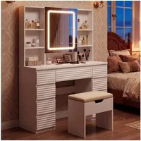 HOMALL Schminktisch LED-Schminkspiegel, schwarz-weißer Schminktisch und Hocker im Set (Kombination aus 9 Schubladen, 7 offenen Fächern und Stauraum hinter dem Spiegel, Maße: 108 x 40 x 146 cm, mit 2 Steckdosen, 1 USB-Anschluss und 1 Typ-C-Anschluss s