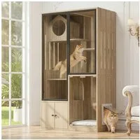 Flieks Katzenhaus Katzenvilla mit vierstockiger großer Katzenzaun, Tierhaus mit Kratzpfosten und Glastüren Katzenkäfig Holzoptik