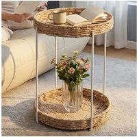 doporro Beistelltisch Couchtisch kleiner Tisch mit 1/2 geflochtenen Ablagen rund Reglo-08, Zwei Materialien zur Auswahl