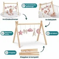 LuMali Baby Gym Holz Spielbogen klappbar 5 Spielzeuge 41x58x49cm Naturholz Kiefer, Spieltrapez Neugeborene sensorisch handgemacht faltbar leicht Geschenk