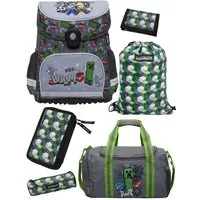 Familando Schulranzen Minecraft 1.-4. Klasse ergonomisch, geräumig, Volumen 18 Liter (Set, 6-tlg., inkl. Federmäppchen und Sporttasche), MINECRAFT Motiv grau