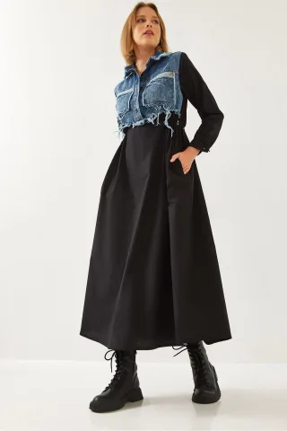 Strukturierter Gabardine-Maxi-Kleid mit Hemdkragen und Knopfverschluss