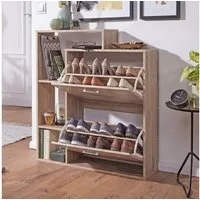 FINEBUY Schuhkipper FB45127 Holz 2 Fächer Sonoma 12 Paar Schuhe Schuhschrank (85x24x93 cm, Schuhschrank Sonoma Eiche Modern), Schuhregal mit Ablage, Flurschrank Schuhkommode
