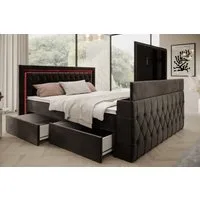 PROMETO Möbel Boxspringbett Doppelbett 180x200 mit Matratze, Schubladen TV-Lift LED Beleuchtung, inkl. 7-Zonen-Taschenfederkernmatratze, TV-Lift im Fußteil, Topper