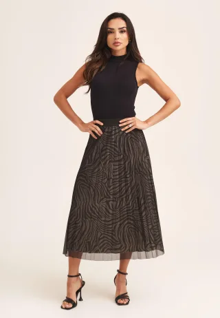 Schwarzer Mesh-Overlay-Midirock mit Tiermuster