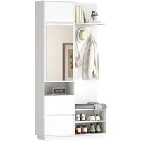 SeedWave Garderobe Garderobenschrank mit Sitzbank, Doppelhaken, Spiegel, Viel Stauraum, Standgarderobe mit geschlossenen & offenen Staufächern