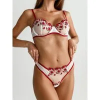 Elegant Love Set: Push-up-BH Bestickter BH & Tüll-Tanga, Transparentes Mesh-Dessous (Set, 2-tlg., mit String, Panty) elegantes Lingerie Sexy Set, Unterwäsche für Frauen