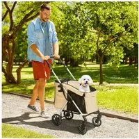 PawHut Hundebuggy klappbar, für Hunde bis 10 kg, mit Kissen, Netzfenstern, Türen, (Hundewagen, 1-tlg), Aufbewahrungskorb, Katzenwagen, Buggy, Khaki
