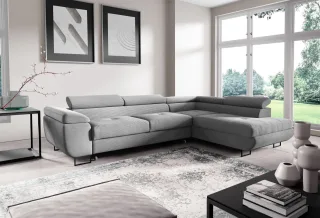 Ecksofa mit Schlaffunktion DECLAN Stoff Poso Hellgrau Ottomane Rechts