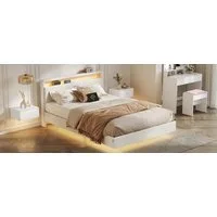 VASAGLE Polsterbett Bettgestell, Doppelbettgestell, Bett mit LED-Beleuchtung, wolkenweiß, schwebender visueller Effekt, hohem Kopfteil, Ladestation, modern