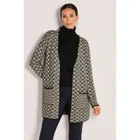 MADELEINE Strickjacke Herbstcardigan mit grafischem Muster Kragenlose Longjacke mit aufgesetzten Taschen und Langarm