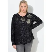 Ulla Popken Sweatshirt Sweatshirt Metallic-Druck V-Ausschnitt Langarm