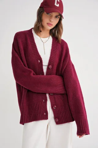Knopf- V-Ausschnitt Rippstrick-Cardigan