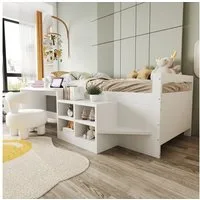 Merax Daybett (Jugendbett Kinderbett Schlafsofa Tagesbett aus Kieferholz, 1 tlg), Kiefer Kinderbett 90x200 cm mit Schreibtisch, Staufächern & Steckdosen