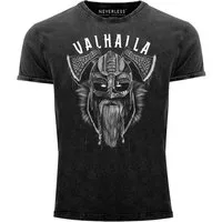 Neverless Print-Shirt Herren Vintage Shirt Valhalla Wikinger Helm Viking Odin Krieger mit Print