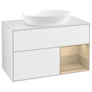 Villeroy und Boch Finion Waschtischunterschrank GA21PCGF 100cm, Abdeckplatte white matt, Emotion, Regale Oak Veneer, Glossy white lacquer