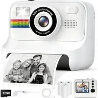 POPOLIC Sofortbildkamera, 2,4-Zoll Selfie Kamera mit 32GB Karte Kinderkamera (inkl. 3 Rollen Fotopapier, 1080P Kinder Kamera, Spielzeug Geschenke mädchen Junge ab 3-12 Jahre(Weiß)