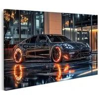 islandburner Leinwandbild, Schwarzes Auto mit leuchtenden Rädern bei Nacht