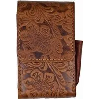 meytrade Bogenetui Zigarettenetui echt Leder vintage Etui Tasche braun Blumen Flower, verstellbarer Magnetverschluss und Feuerzeugfach