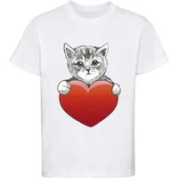 MyDesign24 Print-Shirt bedrucktes Mädchen T-Shirt eine Katze mit Herz Kurzarm Baumwollshirt mit Aufdruck i120