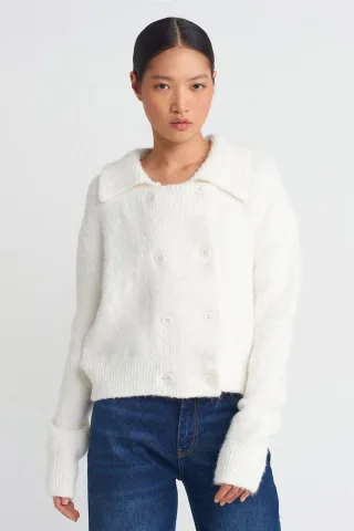 Rippstrick-Polokragen-Button-Cardigan