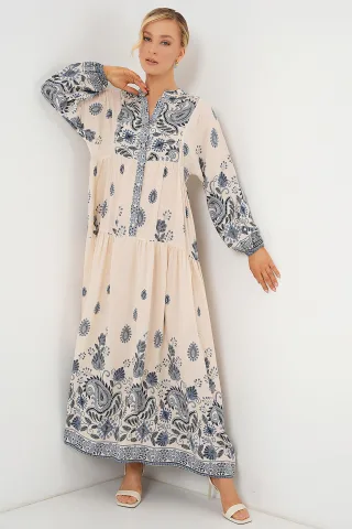 Muster Maxikleid mit V-Ausschnitt und Knopfverschluss