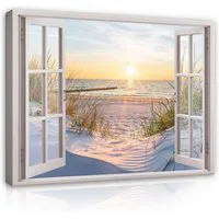 Wallarena Leinwandbild Fensterblick Natur Strand Meer Fenster Modern Leinwandbilder Bilder, Fenster - Natur (Bilder Groß - Wandbilder XXL - Wand Deko Einteilig, 1 St), Leinwandbild Wohnzimmer Badezimmer Küche Wand Deko Bilder Modern 80x60