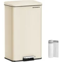 SONGMICS Mülleimer Küche, Abfalleimer, großer Tretmülleimer, mit Deckel, aus Stahl, Softclose, inklusive 15 Müllbeutel, 40 Liter