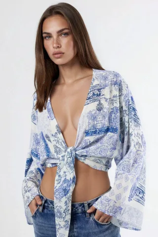 V-Ausschnitt Paisley-Print Crop-Bluse mit Bindungsdetail