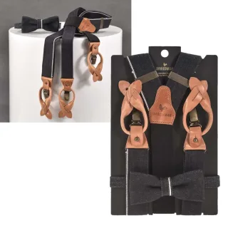 Sir Redman Hosenträger Herren Set mit Fliege Candiani Denim 35mm black-nature. Ein stilvolles Accessoire-Set aus Baumwoll-Mix für besondere Anlässe.