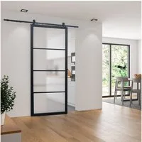 inova wohnen Glasschiebetür Milchglas schwarzer Rahmen, Komplett Set offene Laufschiene Softclose Loftstyle