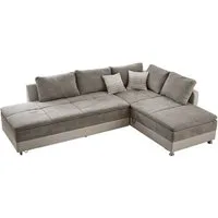 luma-home Ecksofa 15101, Dauerschläfer-Doppelbett B306/T223/H95 cm, Bettkasten, Regal, Boxspring, Federkern, Wellenunterfederung, Topper, Schwenkteil links, Mikrofaser Graubraun/Kunstleder Beige